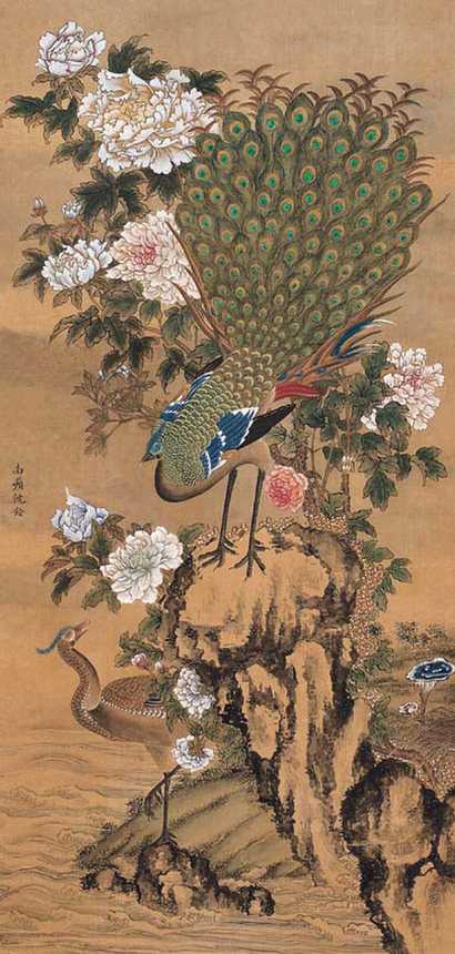 沈铨 孔雀 立轴